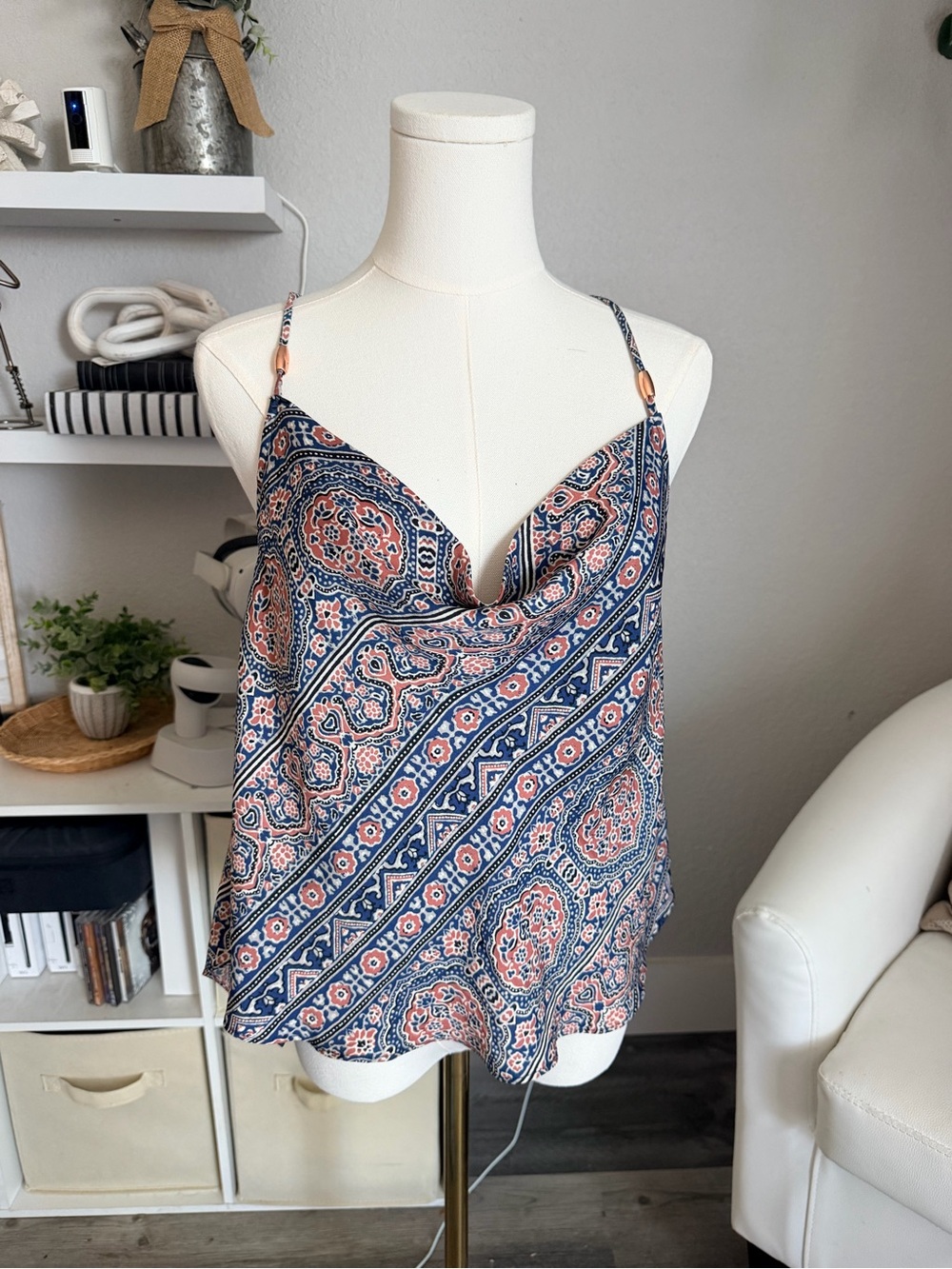 Free People Navy and Coral Paisley Cowl Neck Tank